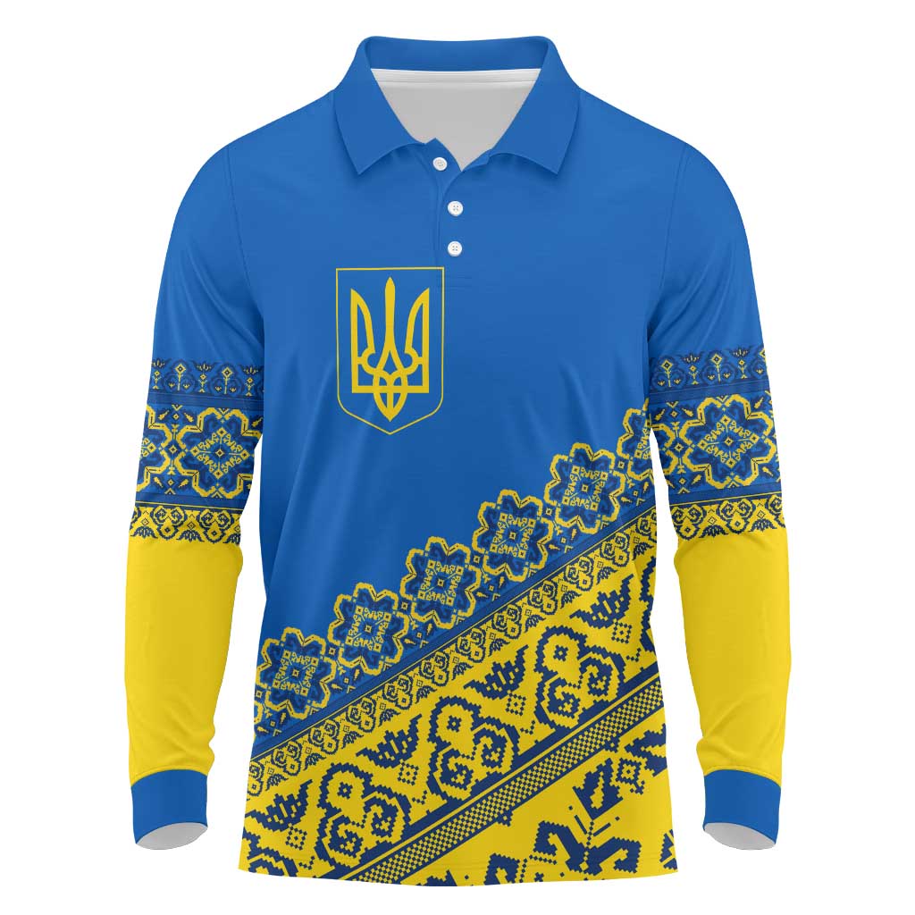 Ukraine Heritage Pride – Vyshyvanka Pattern Long Sleeve Polo Shirt with National Symbol in Blue & Yellow