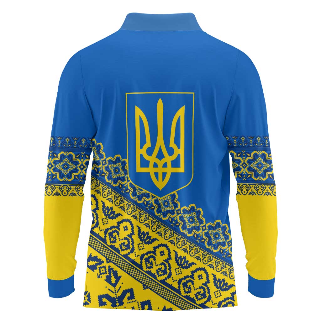 Ukraine Heritage Pride – Vyshyvanka Pattern Long Sleeve Polo Shirt with National Symbol in Blue & Yellow