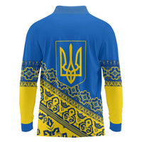 Ukraine Heritage Pride – Vyshyvanka Pattern Long Sleeve Polo Shirt with National Symbol in Blue & Yellow