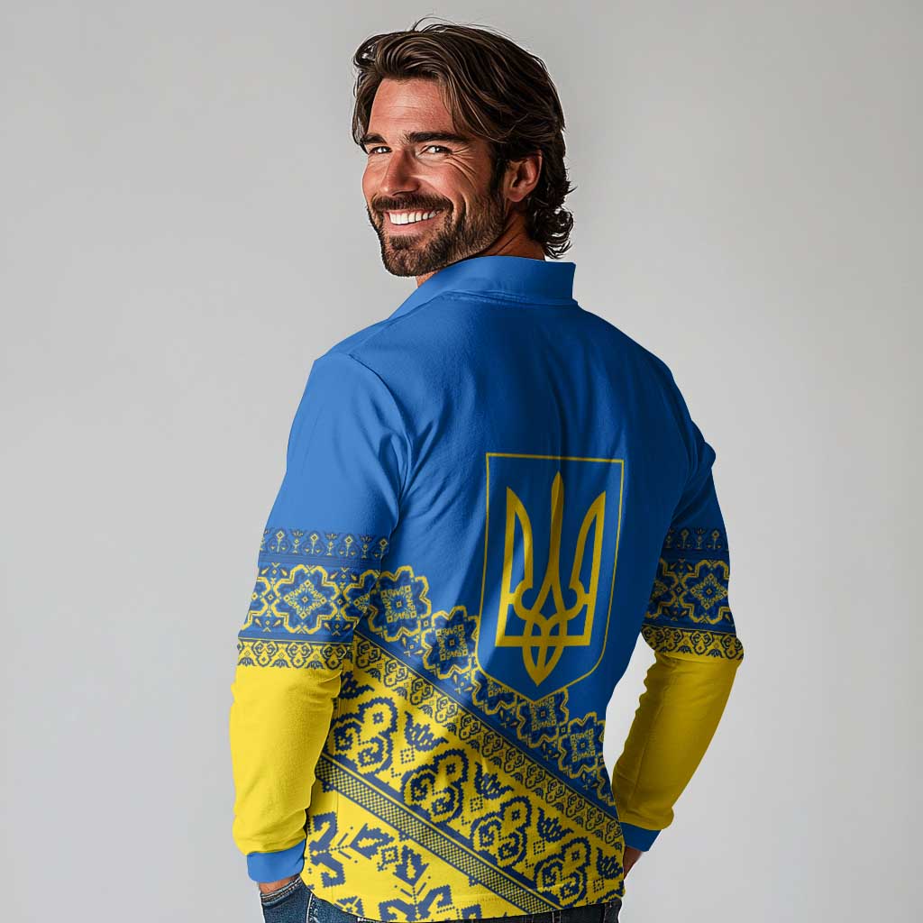 Ukraine Heritage Pride – Vyshyvanka Pattern Long Sleeve Polo Shirt with National Symbol in Blue & Yellow