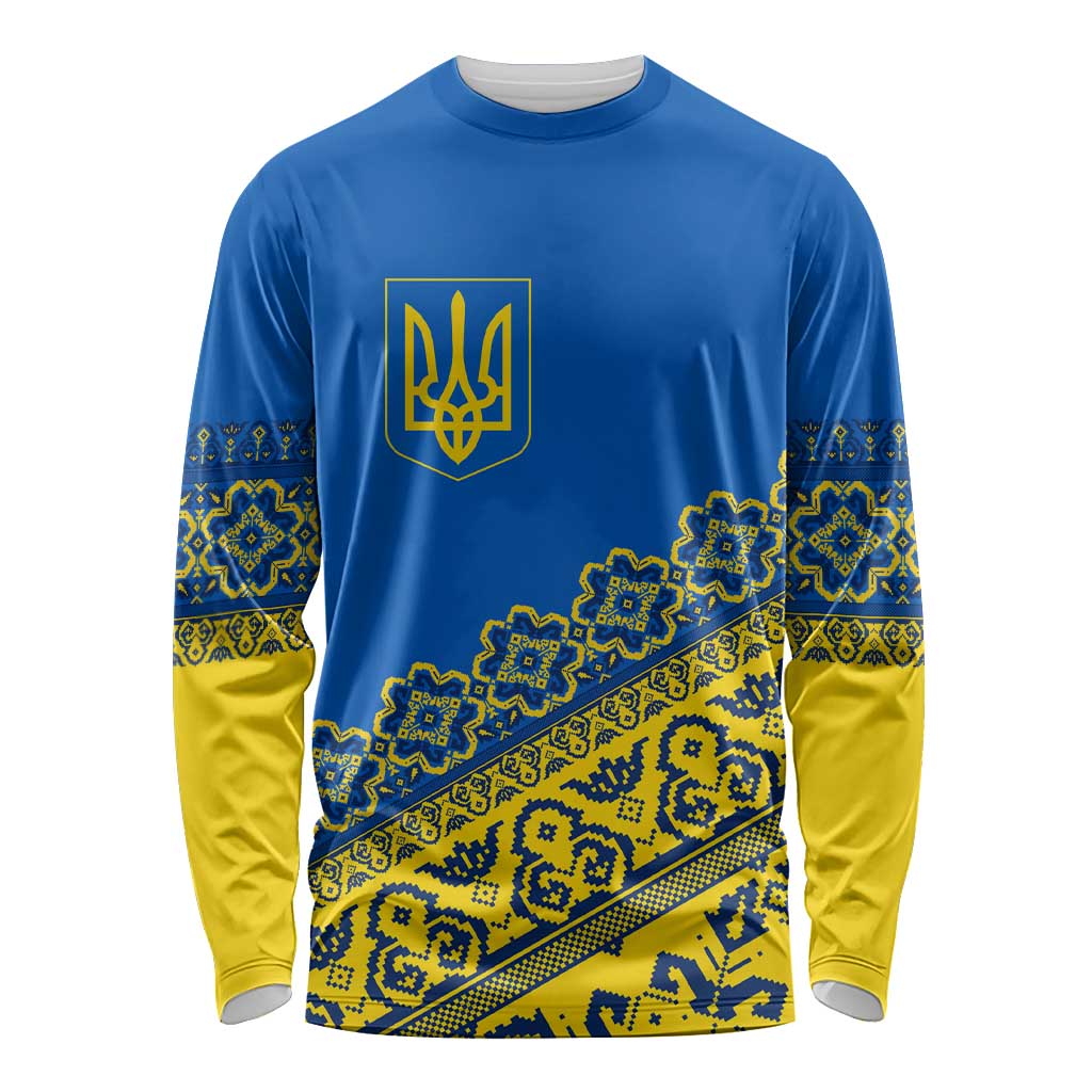 Ukraine Heritage Pride – Vyshyvanka Pattern Long Sleeve Shirt with National Symbol in Blue & Yellow