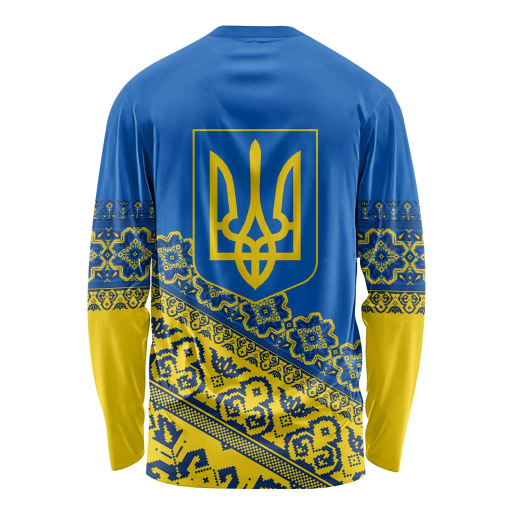 Ukraine Heritage Pride – Vyshyvanka Pattern Long Sleeve Shirt with National Symbol in Blue & Yellow