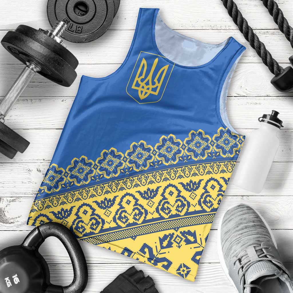 Ukraine Heritage Pride – Vyshyvanka Pattern Men Tank Top with National Symbol in Blue & Yellow