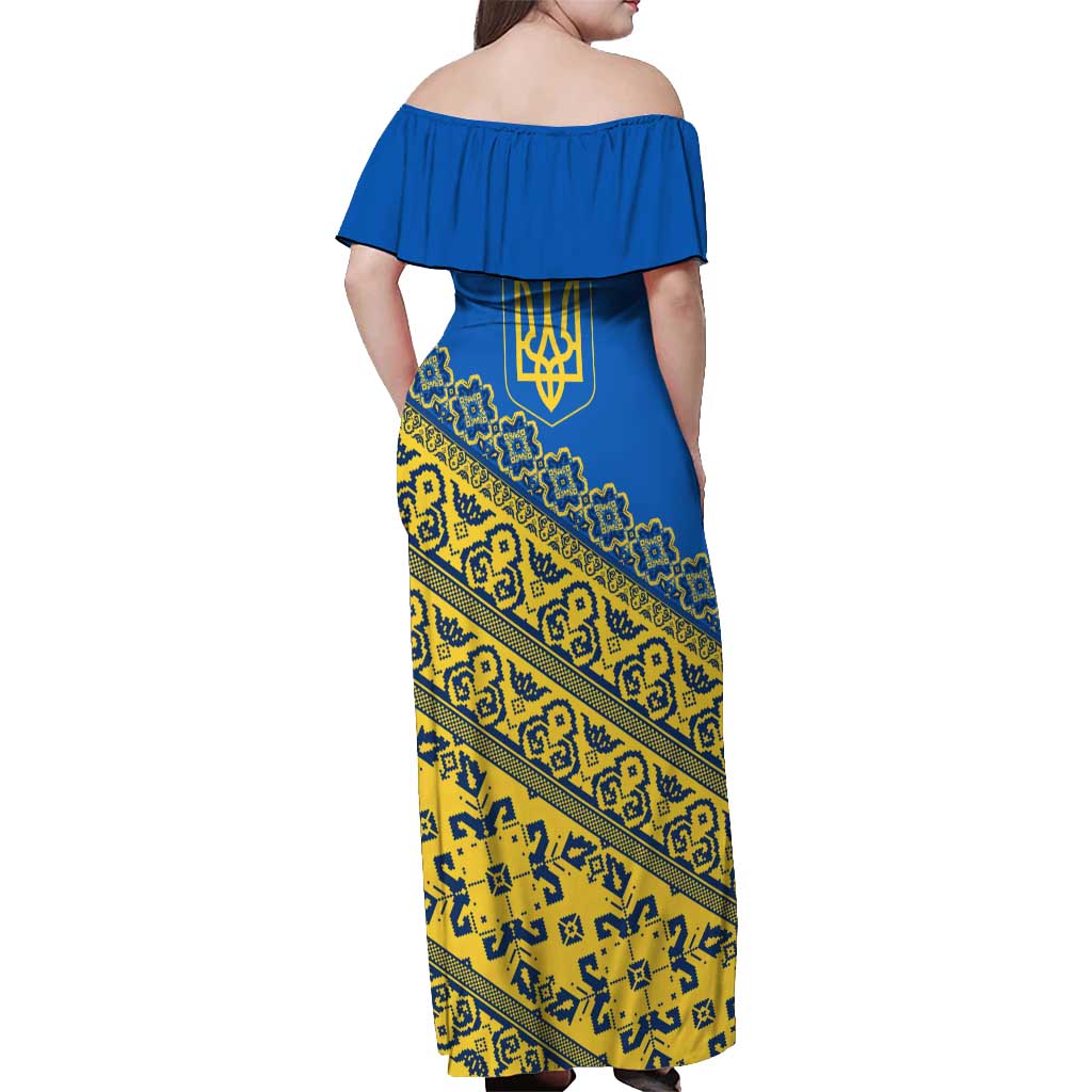 Ukraine Heritage Pride – Vyshyvanka Pattern Off Shoulder Maxi Dress with National Symbol in Blue & Yellow