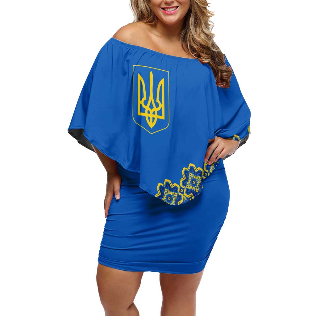 Ukraine Heritage Pride – Vyshyvanka Pattern Off Shoulder Short Dress with National Symbol in Blue & Yellow