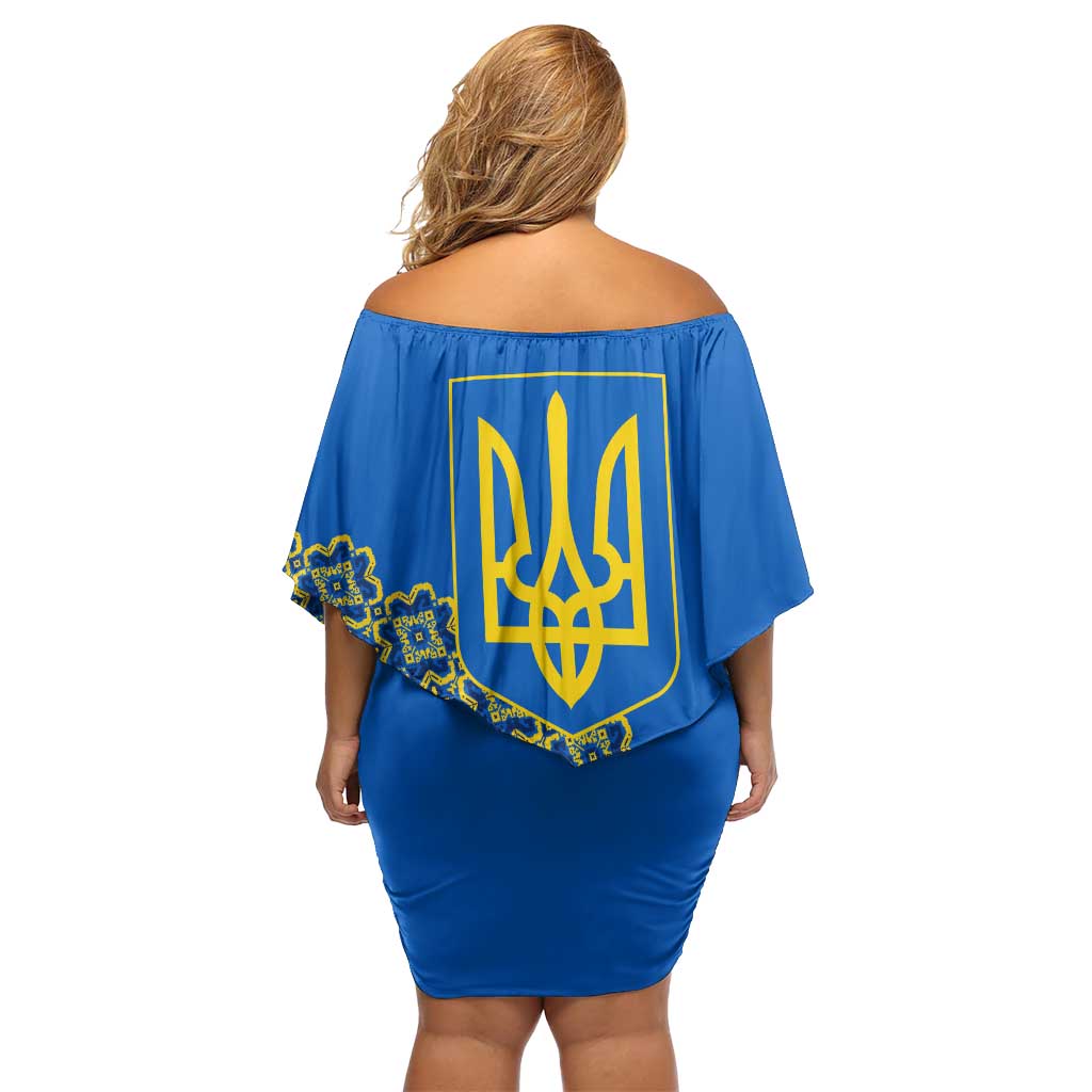 Ukraine Heritage Pride – Vyshyvanka Pattern Off Shoulder Short Dress with National Symbol in Blue & Yellow