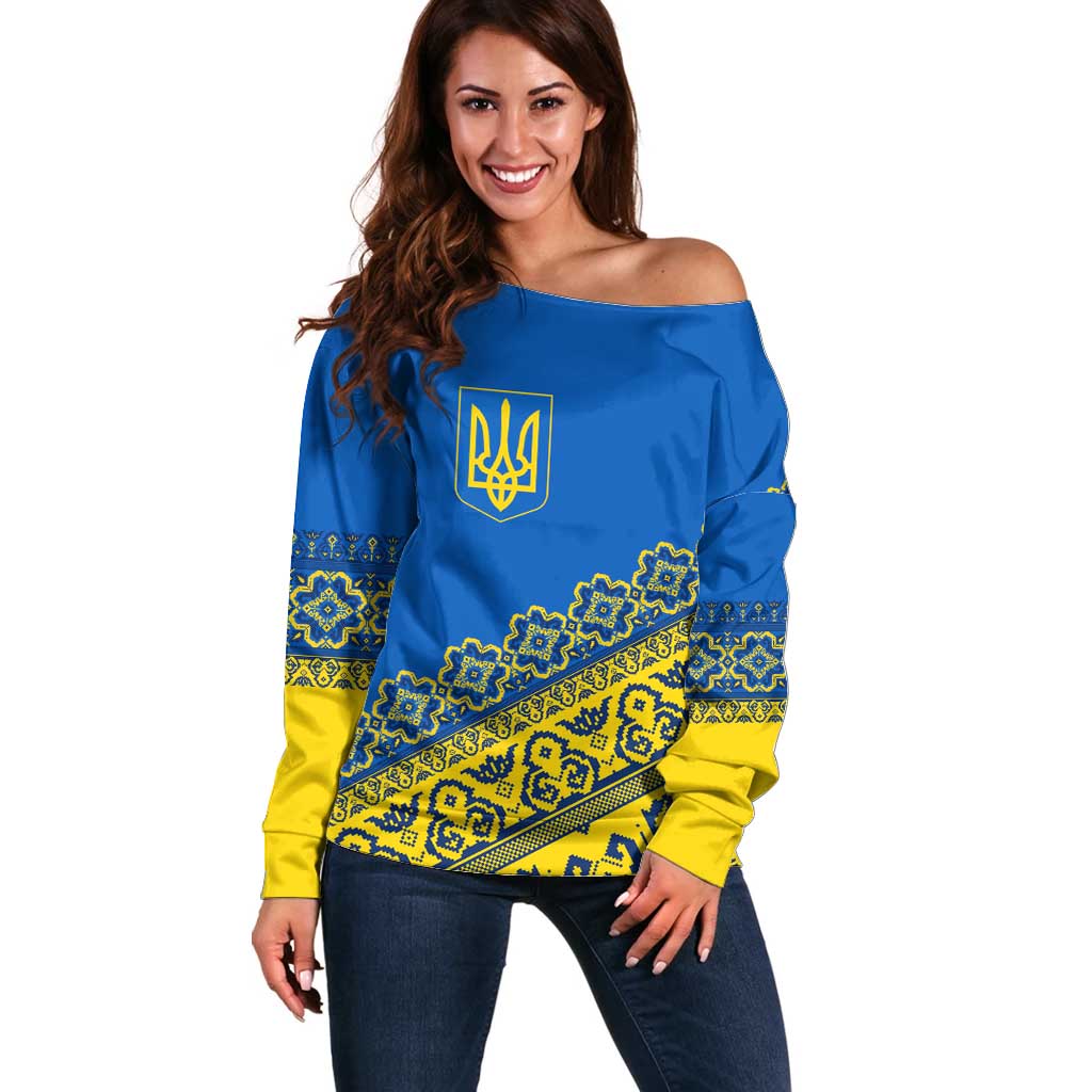 Ukraine Heritage Pride – Vyshyvanka Pattern Off Shoulder Sweater with National Symbol in Blue & Yellow