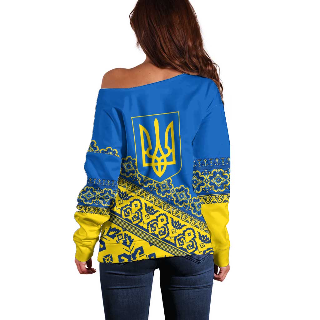 Ukraine Heritage Pride – Vyshyvanka Pattern Off Shoulder Sweater with National Symbol in Blue & Yellow