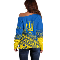 Ukraine Heritage Pride – Vyshyvanka Pattern Off Shoulder Sweater with National Symbol in Blue & Yellow
