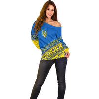 Ukraine Heritage Pride – Vyshyvanka Pattern Off Shoulder Sweater with National Symbol in Blue & Yellow