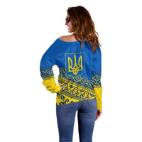 Ukraine Heritage Pride – Vyshyvanka Pattern Off Shoulder Sweater with National Symbol in Blue & Yellow