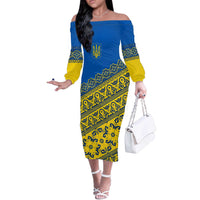 Ukraine Heritage Pride – Vyshyvanka Pattern Off The Shoulder Long Sleeve Dress with National Symbol in Blue & Yellow
