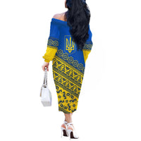 Ukraine Heritage Pride – Vyshyvanka Pattern Off The Shoulder Long Sleeve Dress with National Symbol in Blue & Yellow