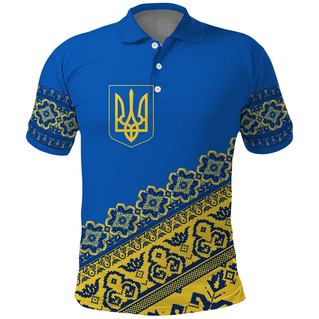 Ukraine Heritage Pride – Vyshyvanka Pattern Polo Shirt with National Symbol in Blue & Yellow