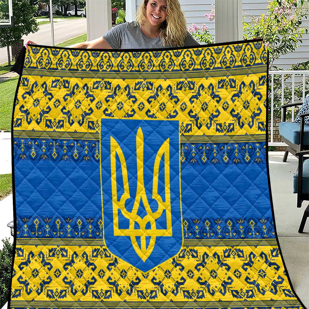 Ukraine Heritage Pride – Vyshyvanka Pattern Quilt with National Symbol in Blue & Yellow