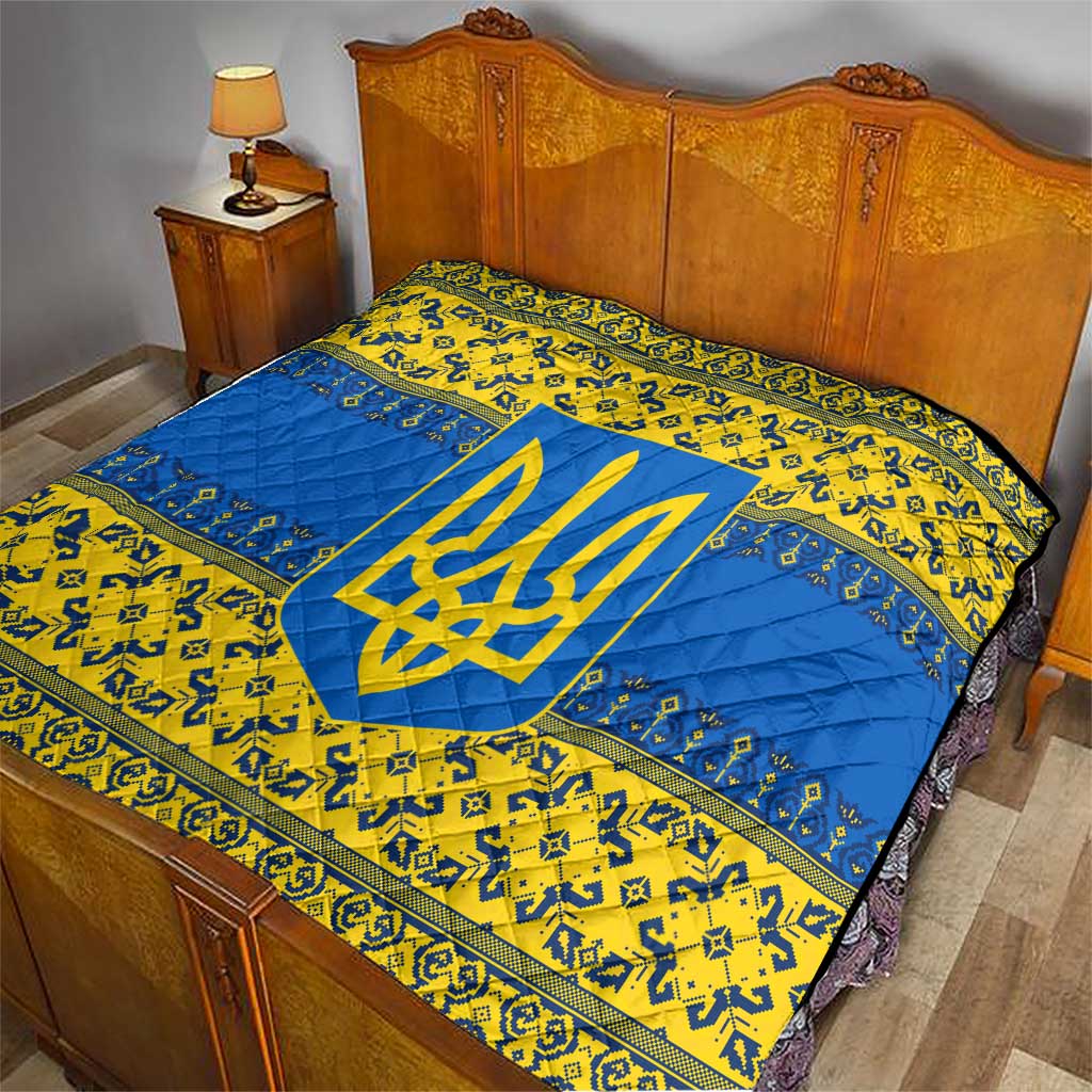 Ukraine Heritage Pride – Vyshyvanka Pattern Quilt with National Symbol in Blue & Yellow