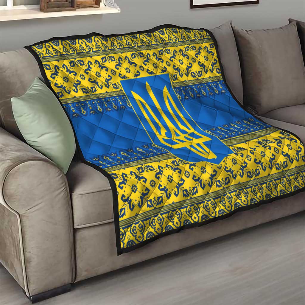 Ukraine Heritage Pride – Vyshyvanka Pattern Quilt with National Symbol in Blue & Yellow