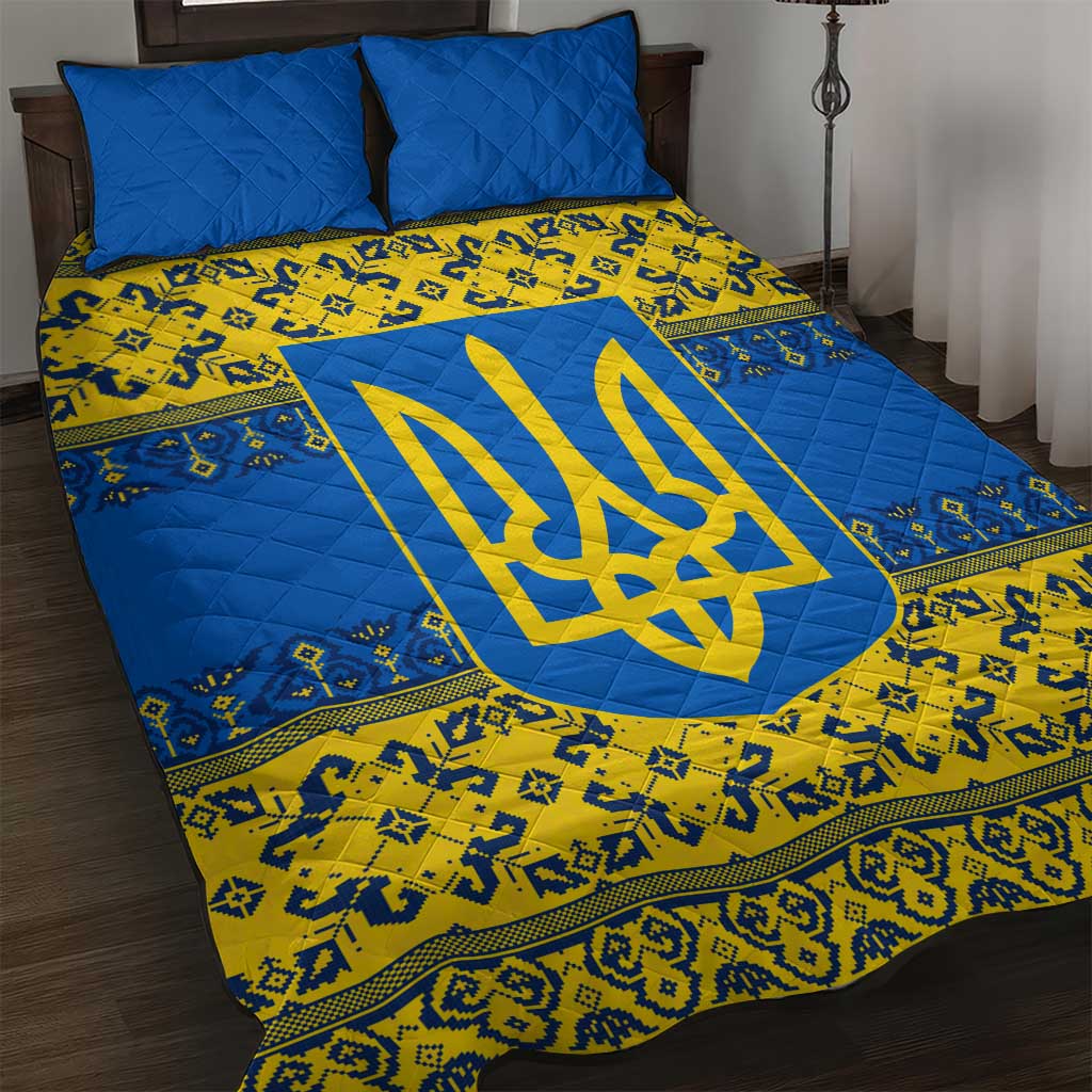 Ukraine Heritage Pride – Vyshyvanka Pattern Quilt Bed Set with National Symbol in Blue & Yellow