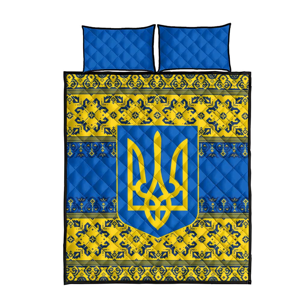 Ukraine Heritage Pride – Vyshyvanka Pattern Quilt Bed Set with National Symbol in Blue & Yellow