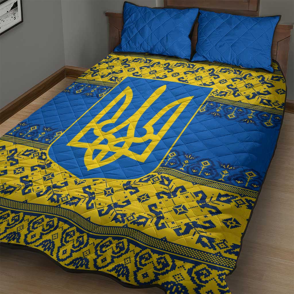 Ukraine Heritage Pride – Vyshyvanka Pattern Quilt Bed Set with National Symbol in Blue & Yellow