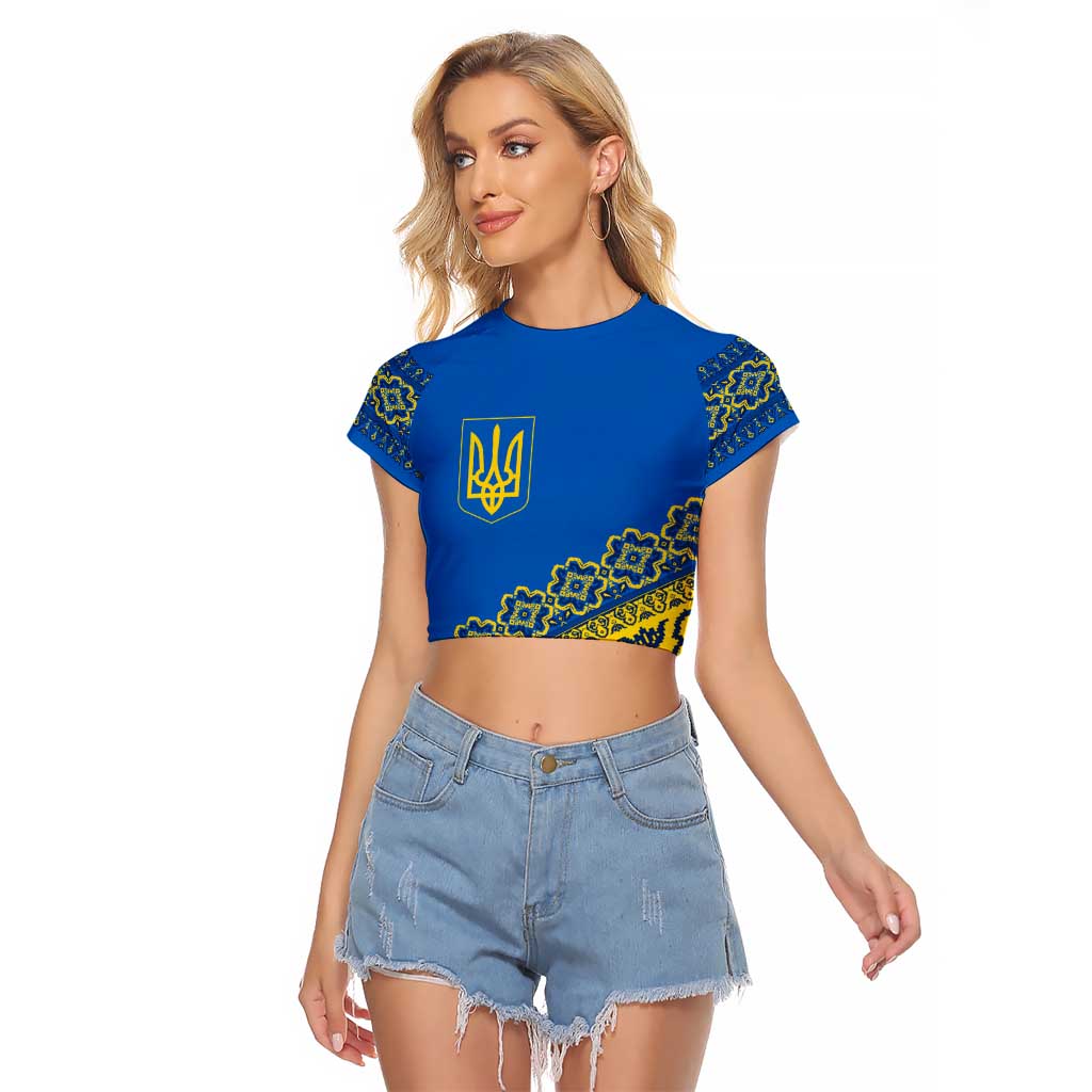 Ukraine Heritage Pride – Vyshyvanka Pattern Raglan Cropped T Shirt with National Symbol in Blue & Yellow