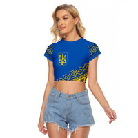Ukraine Heritage Pride – Vyshyvanka Pattern Raglan Cropped T Shirt with National Symbol in Blue & Yellow