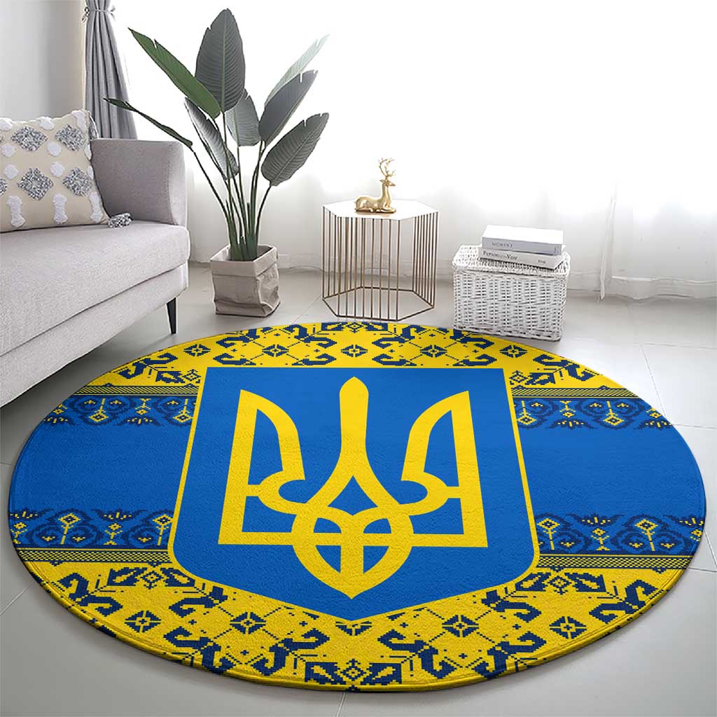 Ukraine Heritage Pride – Vyshyvanka Pattern Round Carpet with National Symbol in Blue & Yellow