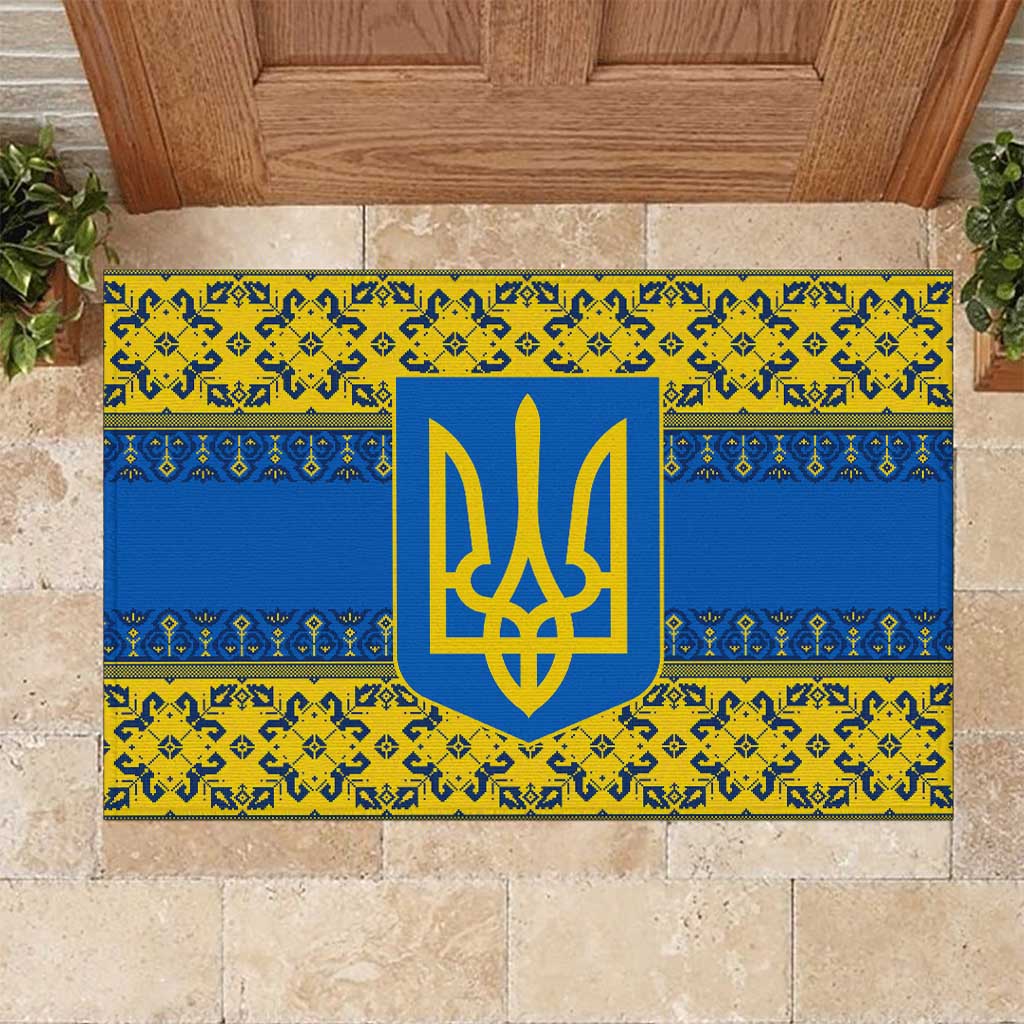 Ukraine Heritage Pride – Vyshyvanka Pattern Rubber Doormat with National Symbol in Blue & Yellow