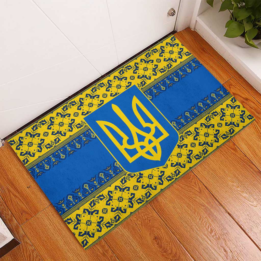 Ukraine Heritage Pride – Vyshyvanka Pattern Rubber Doormat with National Symbol in Blue & Yellow