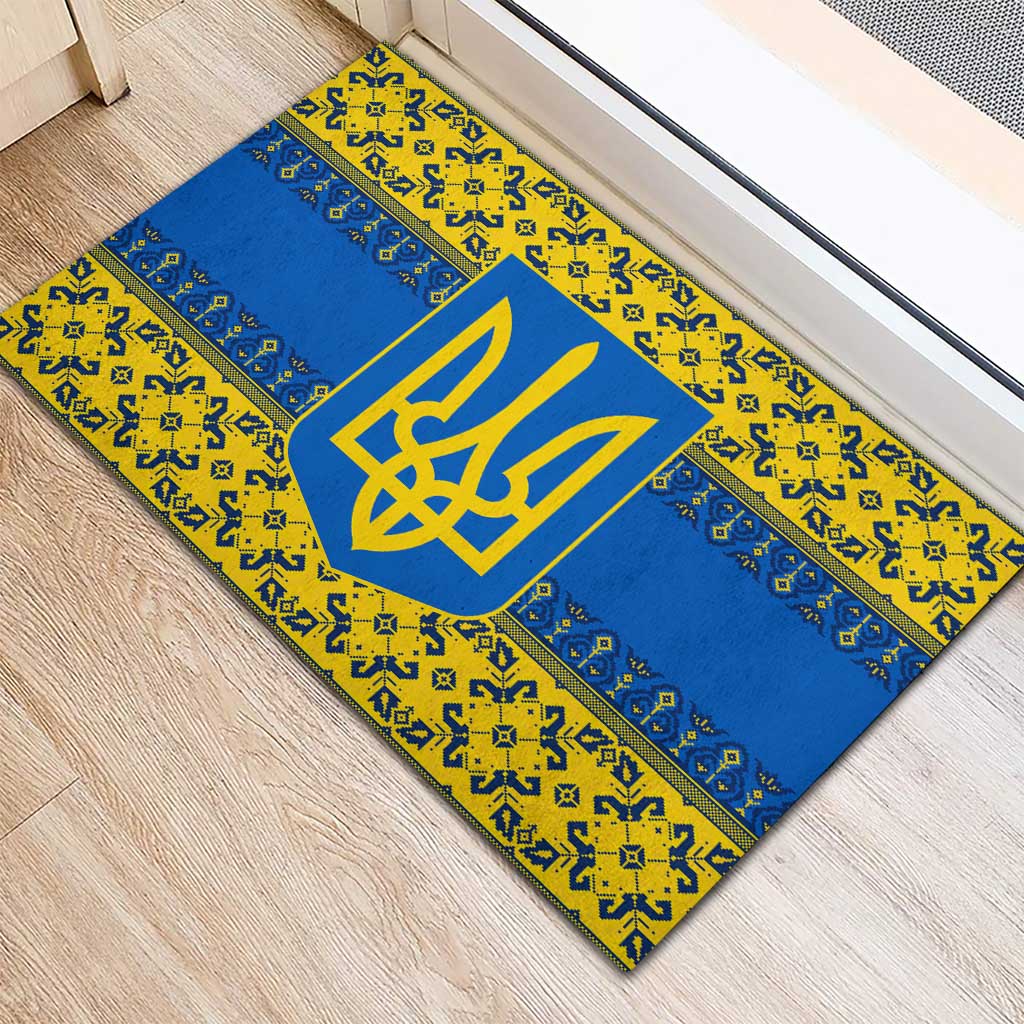 Ukraine Heritage Pride – Vyshyvanka Pattern Rubber Doormat with National Symbol in Blue & Yellow