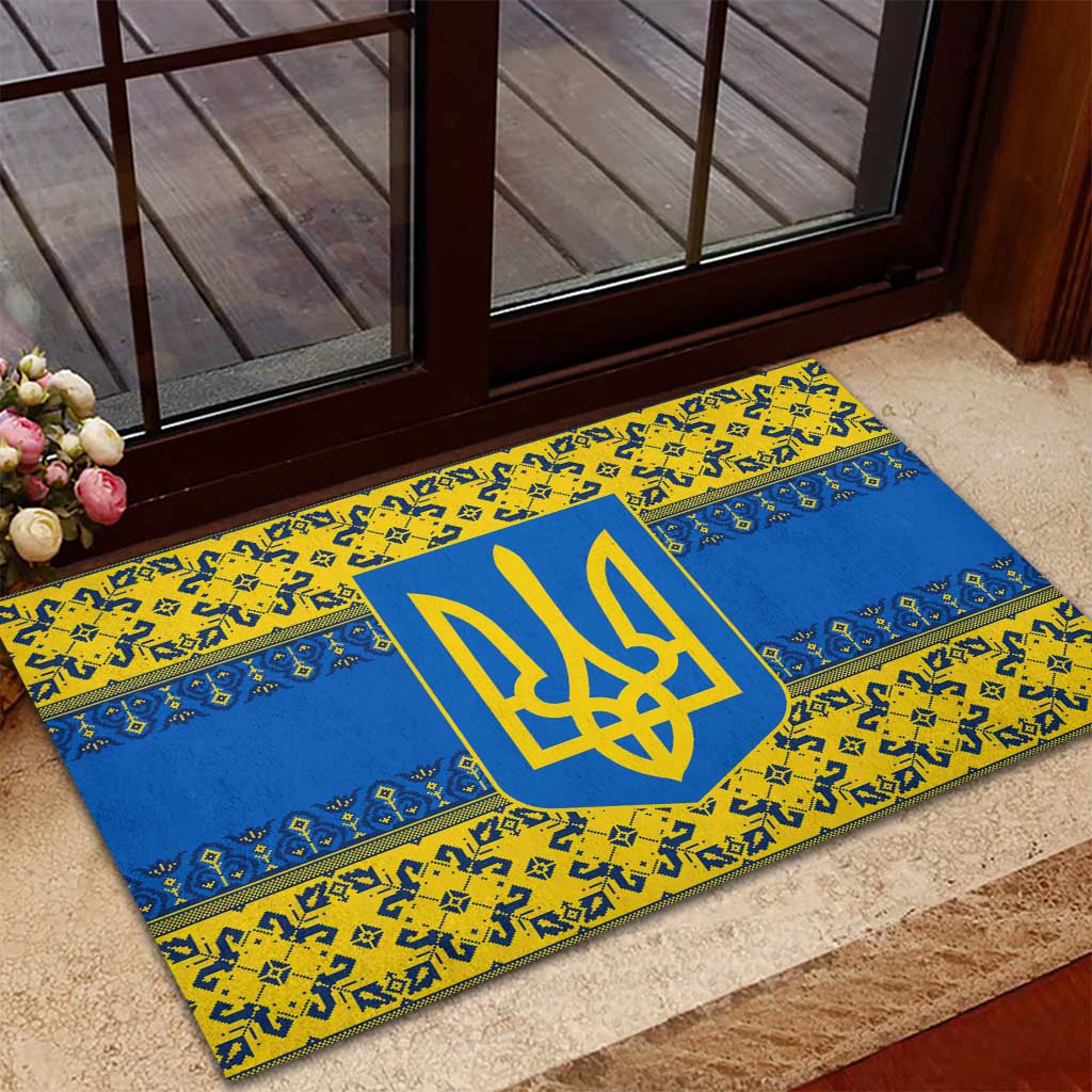 Ukraine Heritage Pride – Vyshyvanka Pattern Rubber Doormat with National Symbol in Blue & Yellow