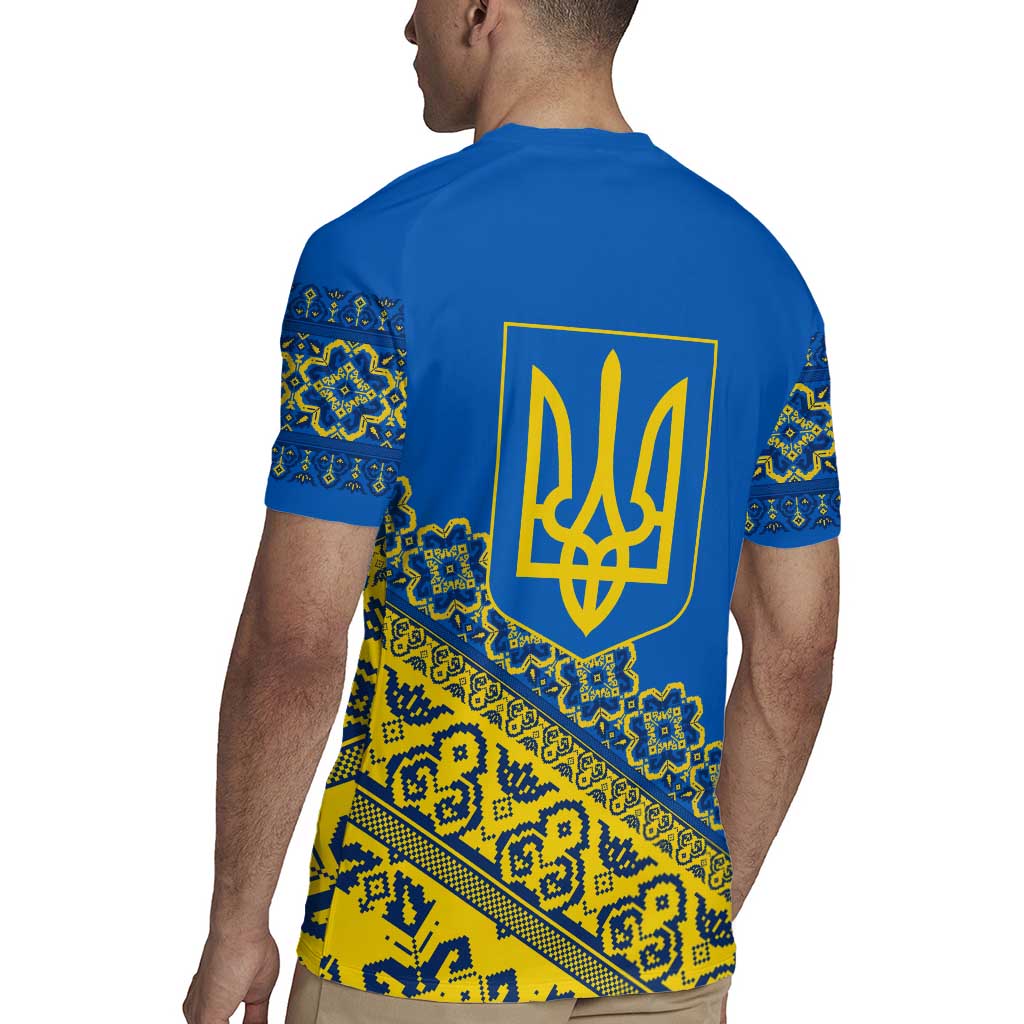 Ukraine Heritage Pride – Vyshyvanka Pattern Rugby Jersey with National Symbol in Blue & Yellow