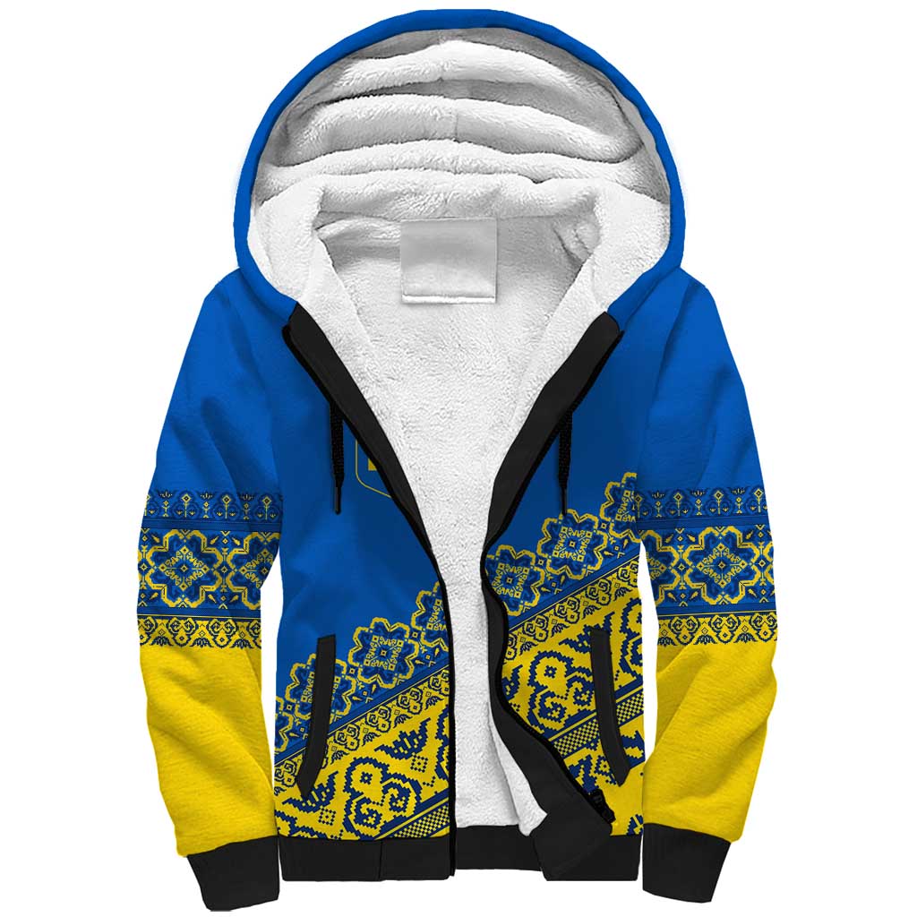 Ukraine Heritage Pride – Vyshyvanka Pattern Sherpa Hoodie with National Symbol in Blue & Yellow