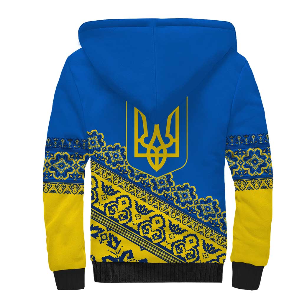 Ukraine Heritage Pride – Vyshyvanka Pattern Sherpa Hoodie with National Symbol in Blue & Yellow