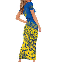 Ukraine Heritage Pride – Vyshyvanka Pattern Short Sleeve Bodycon Dress with National Symbol in Blue & Yellow