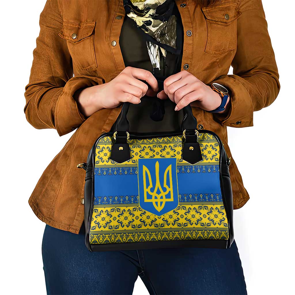 Ukraine Heritage Pride – Vyshyvanka Pattern Shoulder Handbag with National Symbol in Blue & Yellow