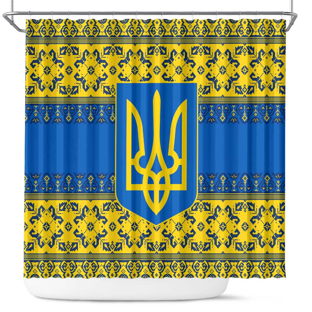 Ukraine Heritage Pride – Vyshyvanka Pattern Shower Curtain with National Symbol in Blue & Yellow