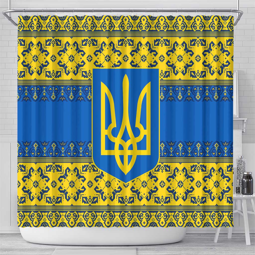 Ukraine Heritage Pride – Vyshyvanka Pattern Shower Curtain with National Symbol in Blue & Yellow