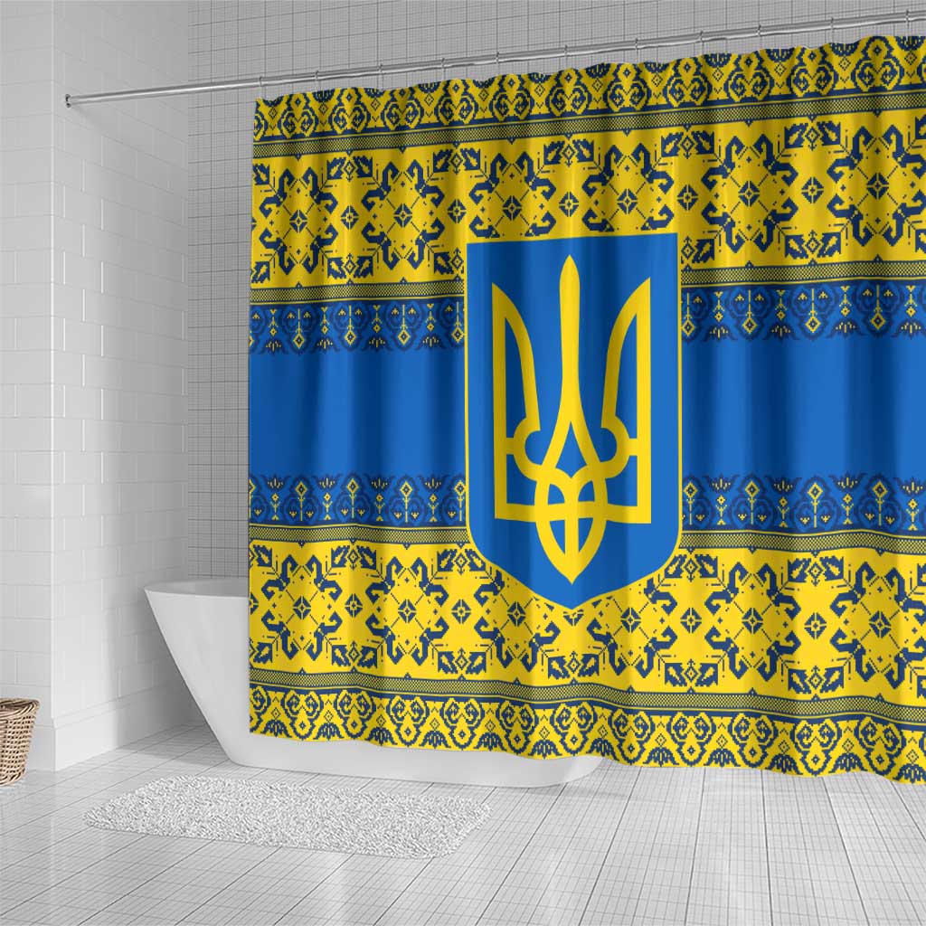 Ukraine Heritage Pride – Vyshyvanka Pattern Shower Curtain with National Symbol in Blue & Yellow
