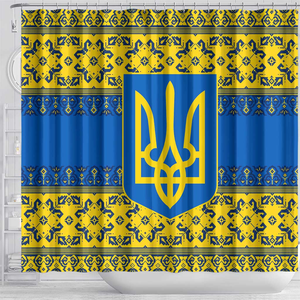 Ukraine Heritage Pride – Vyshyvanka Pattern Shower Curtain with National Symbol in Blue & Yellow