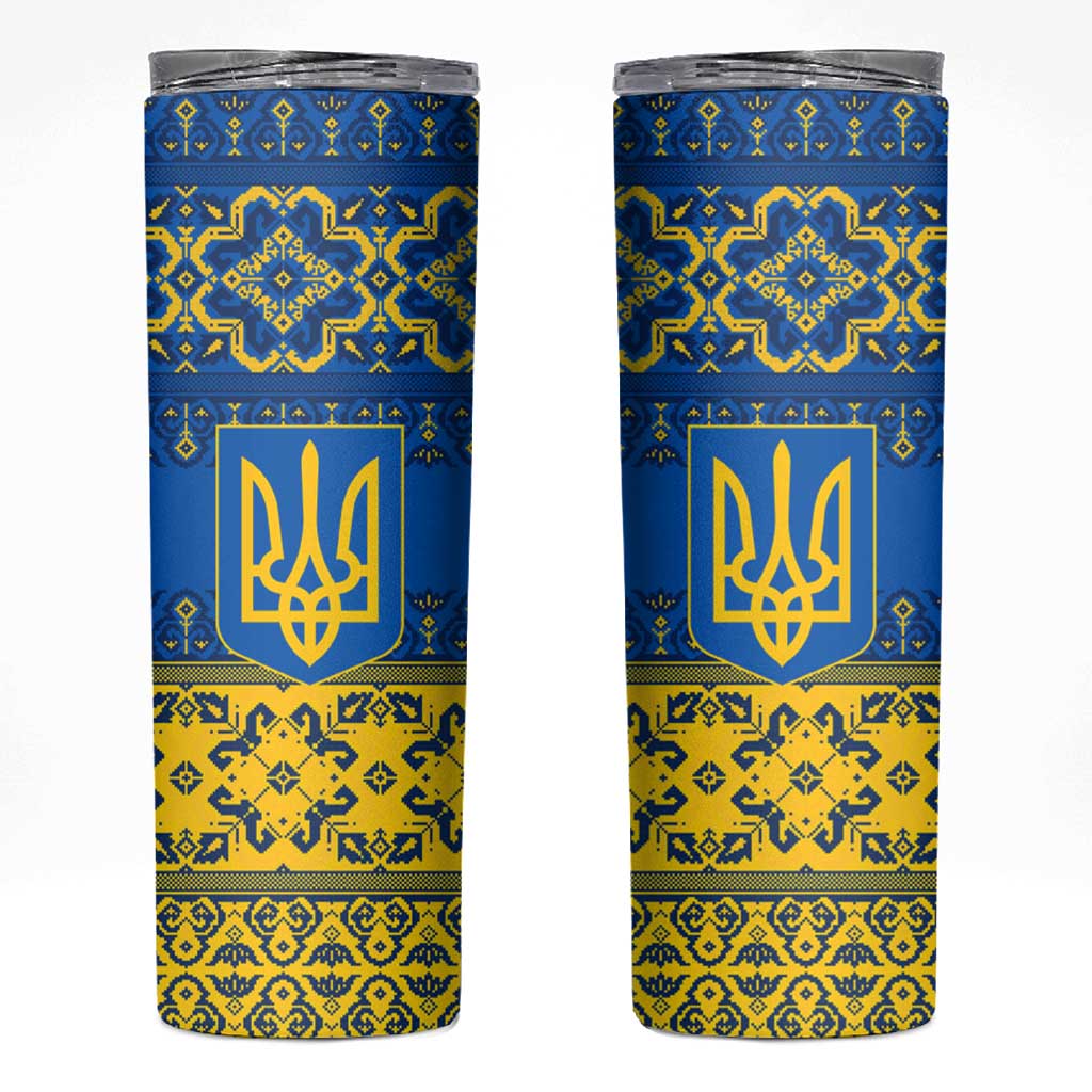 Ukraine Heritage Pride – Vyshyvanka Pattern Skinny Tumbler with National Symbol in Blue & Yellow