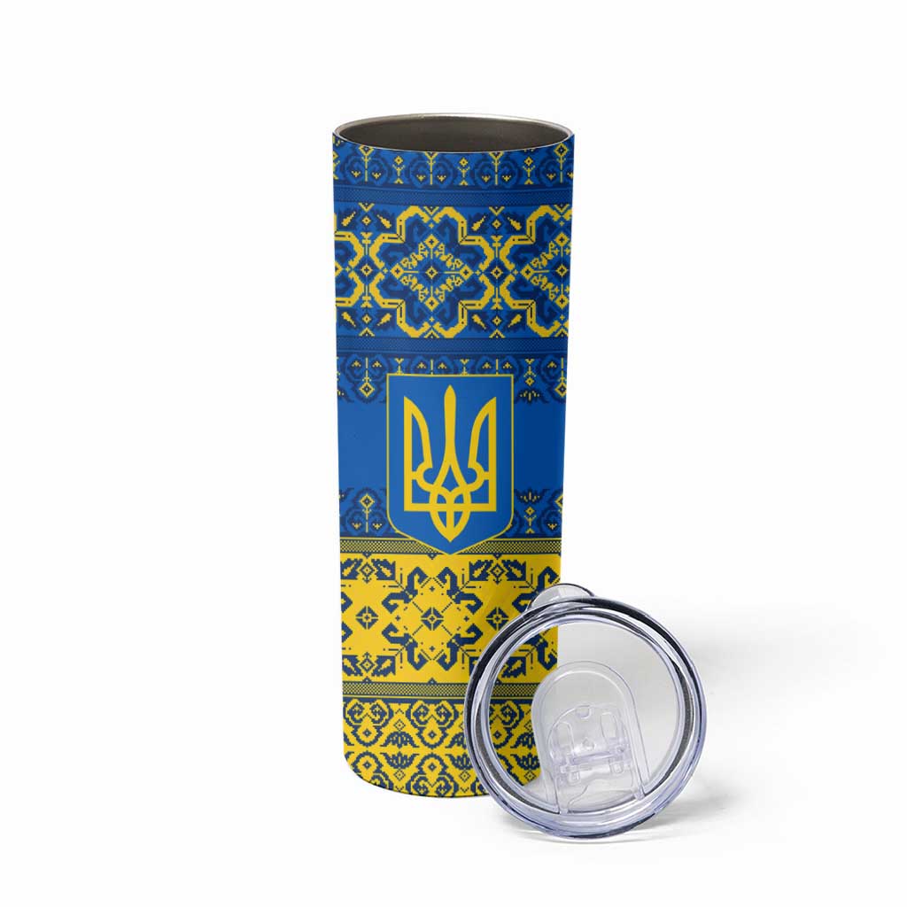Ukraine Heritage Pride – Vyshyvanka Pattern Skinny Tumbler with National Symbol in Blue & Yellow