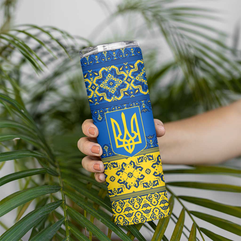 Ukraine Heritage Pride – Vyshyvanka Pattern Skinny Tumbler with National Symbol in Blue & Yellow