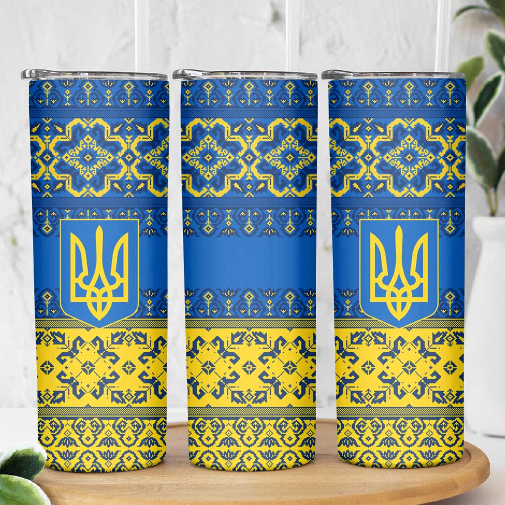 Ukraine Heritage Pride – Vyshyvanka Pattern Skinny Tumbler with National Symbol in Blue & Yellow