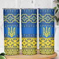 Ukraine Heritage Pride – Vyshyvanka Pattern Skinny Tumbler with National Symbol in Blue & Yellow