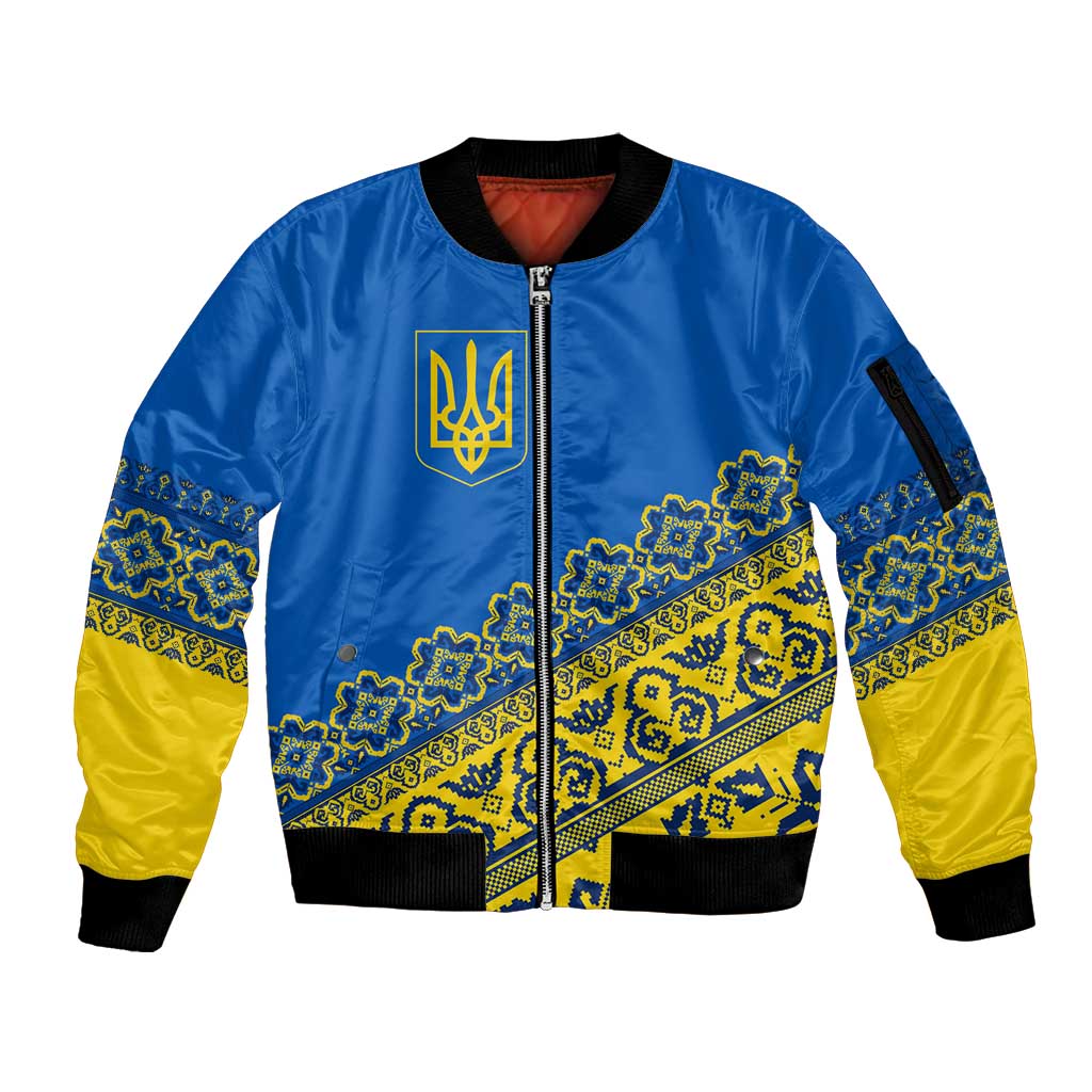 Ukraine Heritage Pride – Vyshyvanka Pattern Sleeve Zip Bomber Jacket with National Symbol in Blue & Yellow