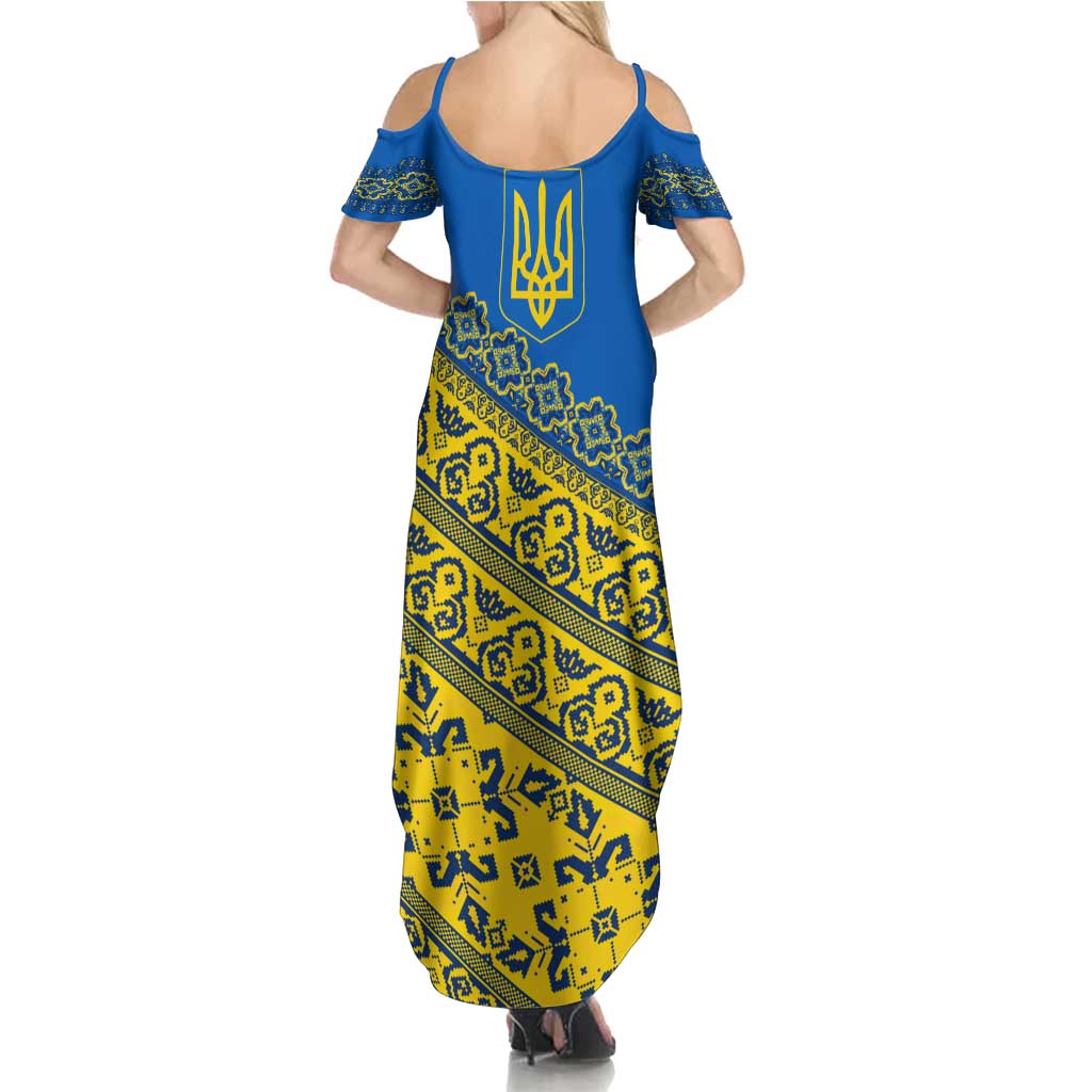 Ukraine Heritage Pride – Vyshyvanka Pattern Summer Maxi Dress with National Symbol in Blue & Yellow