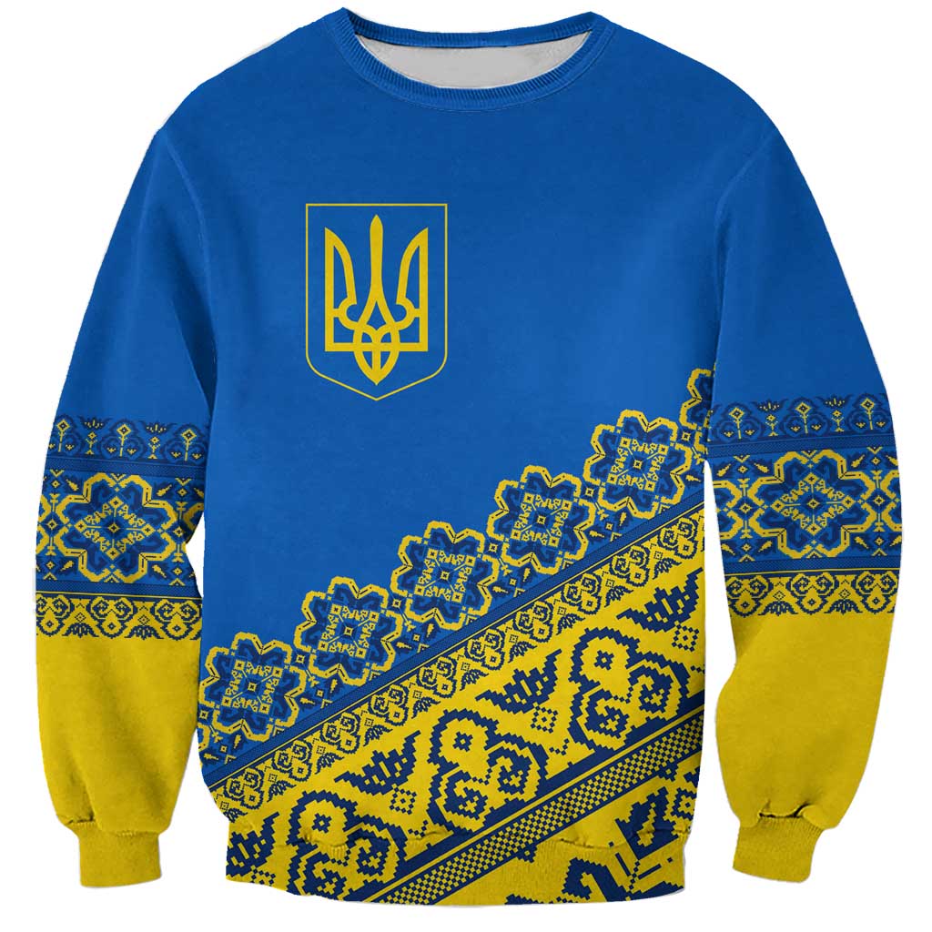 Ukraine Heritage Pride – Vyshyvanka Pattern Sweatshirt with National Symbol in Blue & Yellow