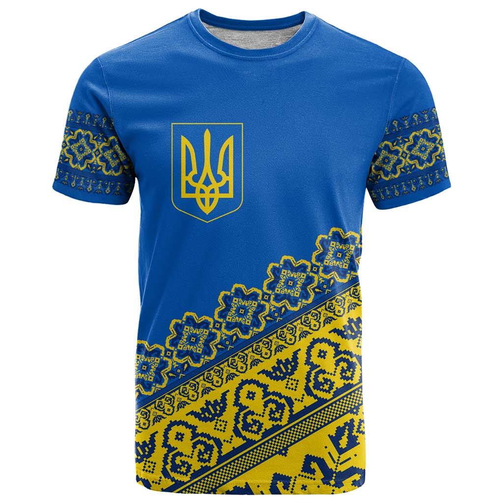 Ukraine Heritage Pride – Vyshyvanka Pattern T Shirt with National Symbol in Blue & Yellow