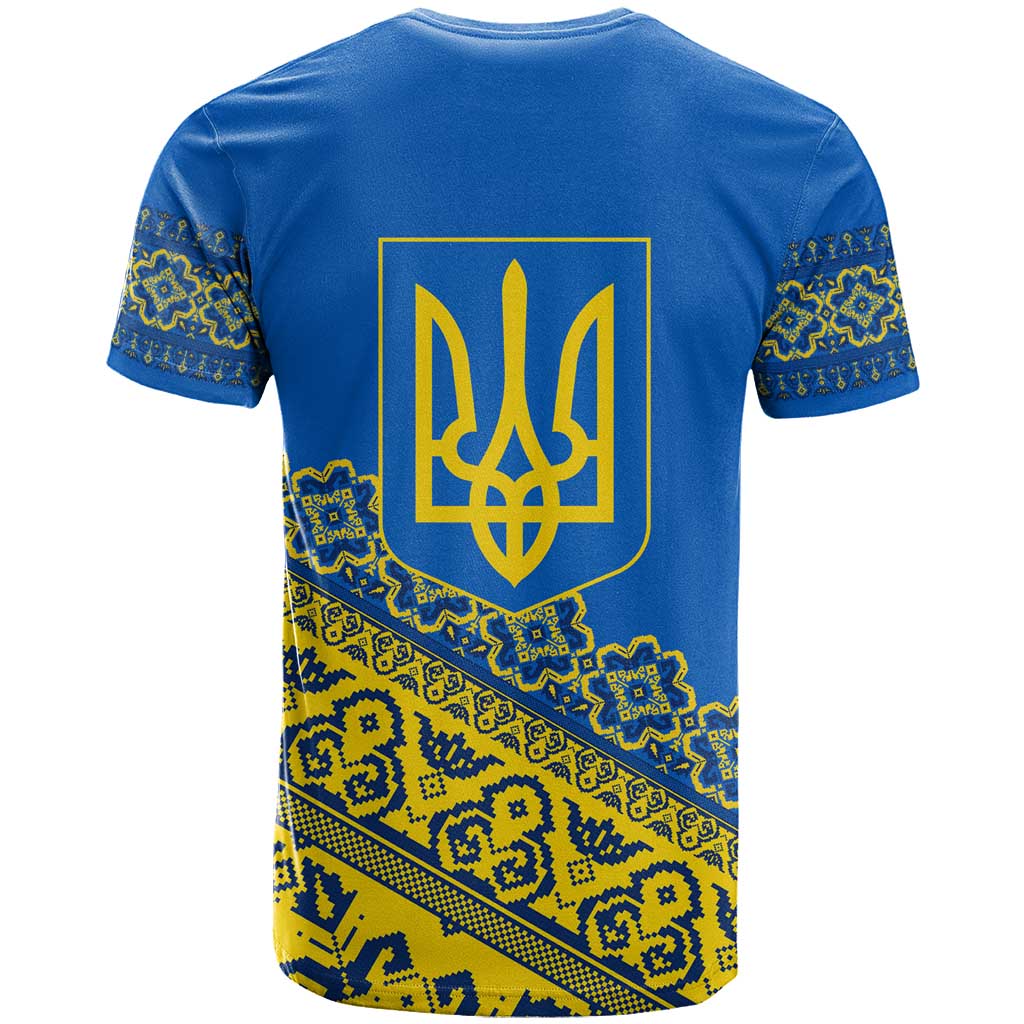 Ukraine Heritage Pride – Vyshyvanka Pattern T Shirt with National Symbol in Blue & Yellow